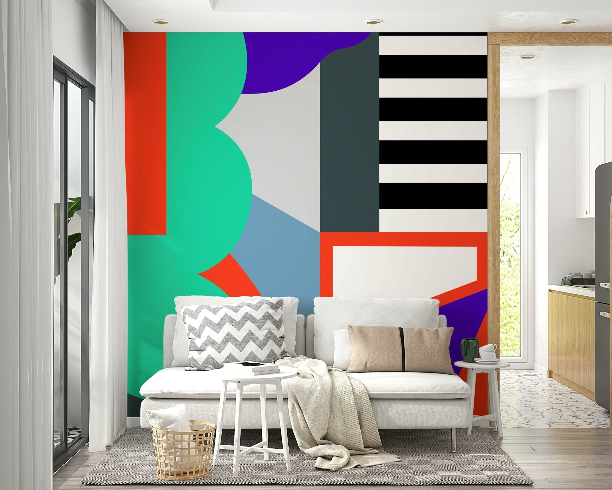 Home office with geometric echoes wallpaper

