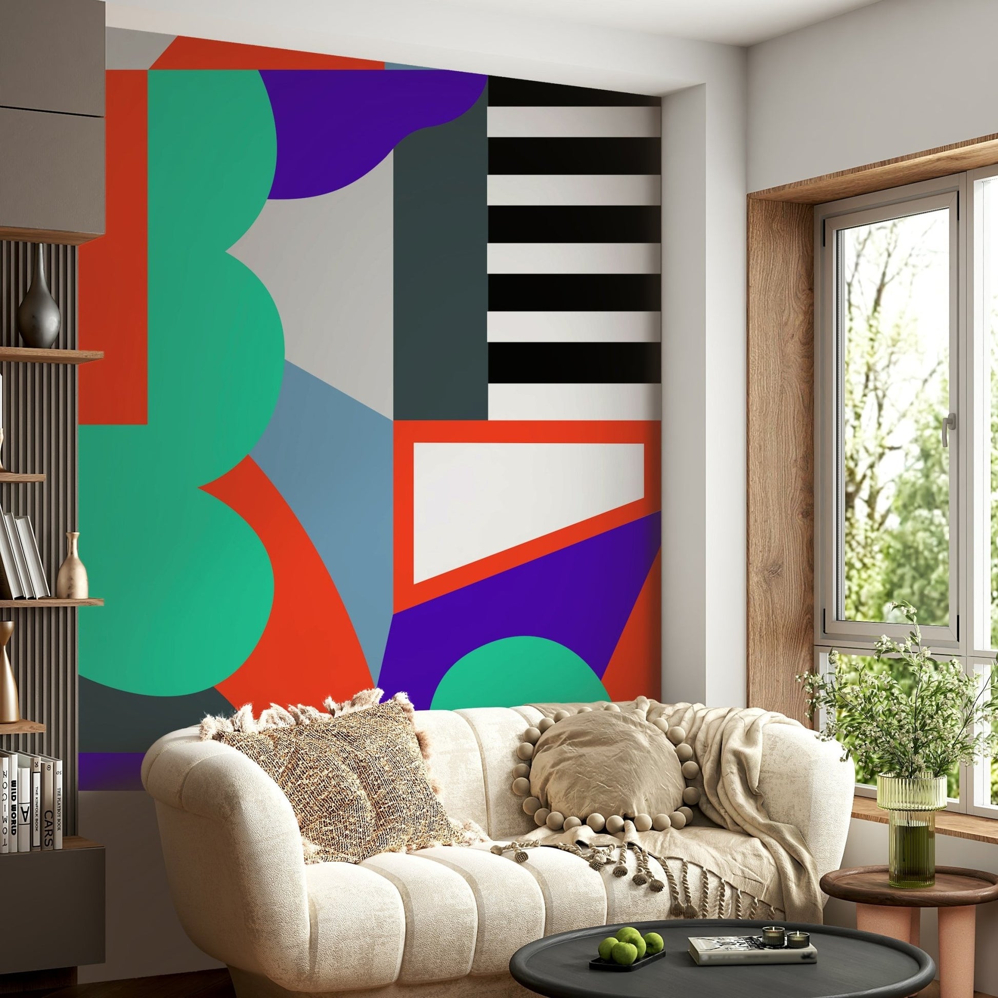 Neutral geometric mural wallpaper for interiors

