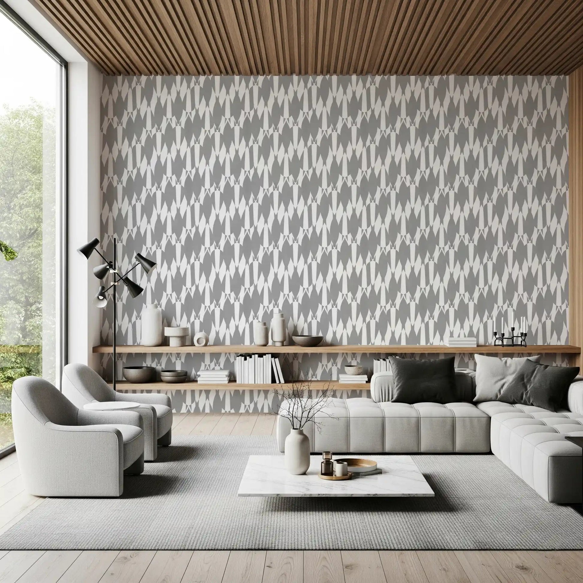 White teardrops cascade down a soft grey base across this Geometric Flow wallpaper.GD9526