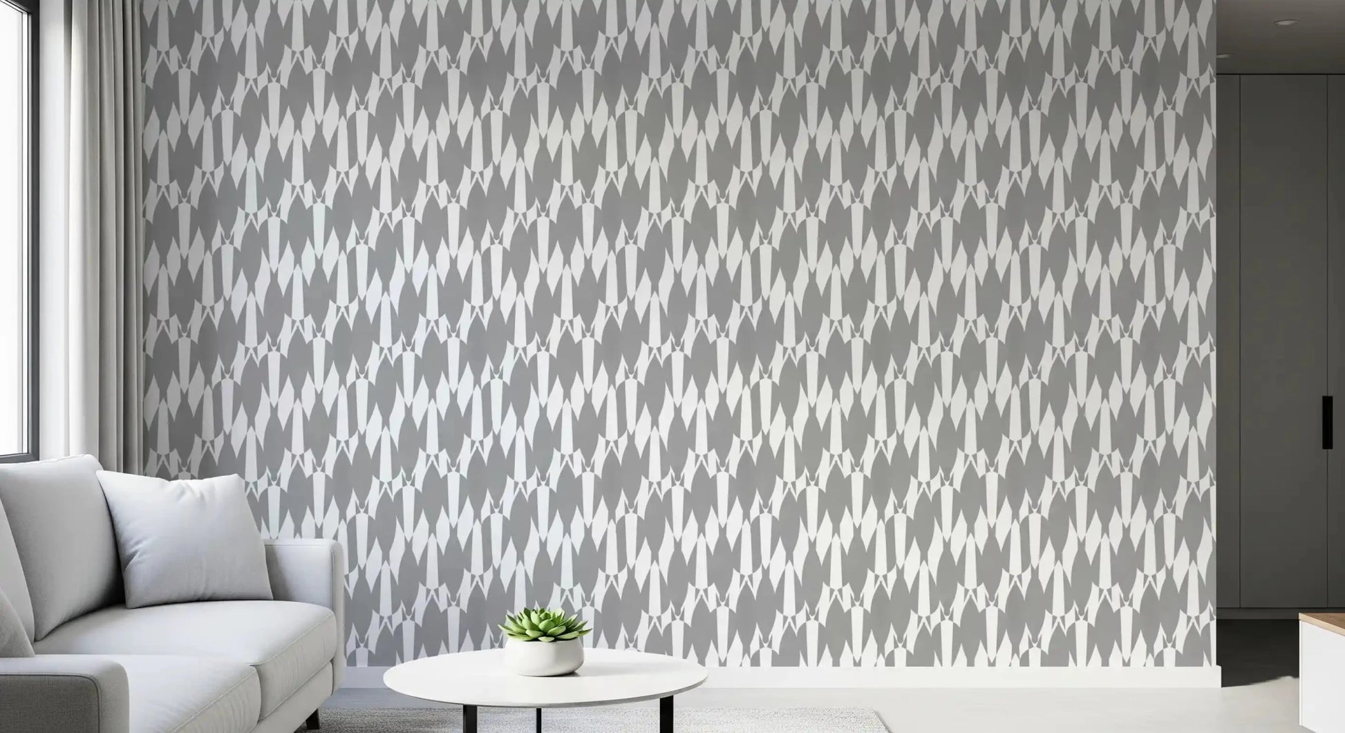 Living room sharpens with this Geometric Flow Teardrop wallpaper across the headboard.GD9526