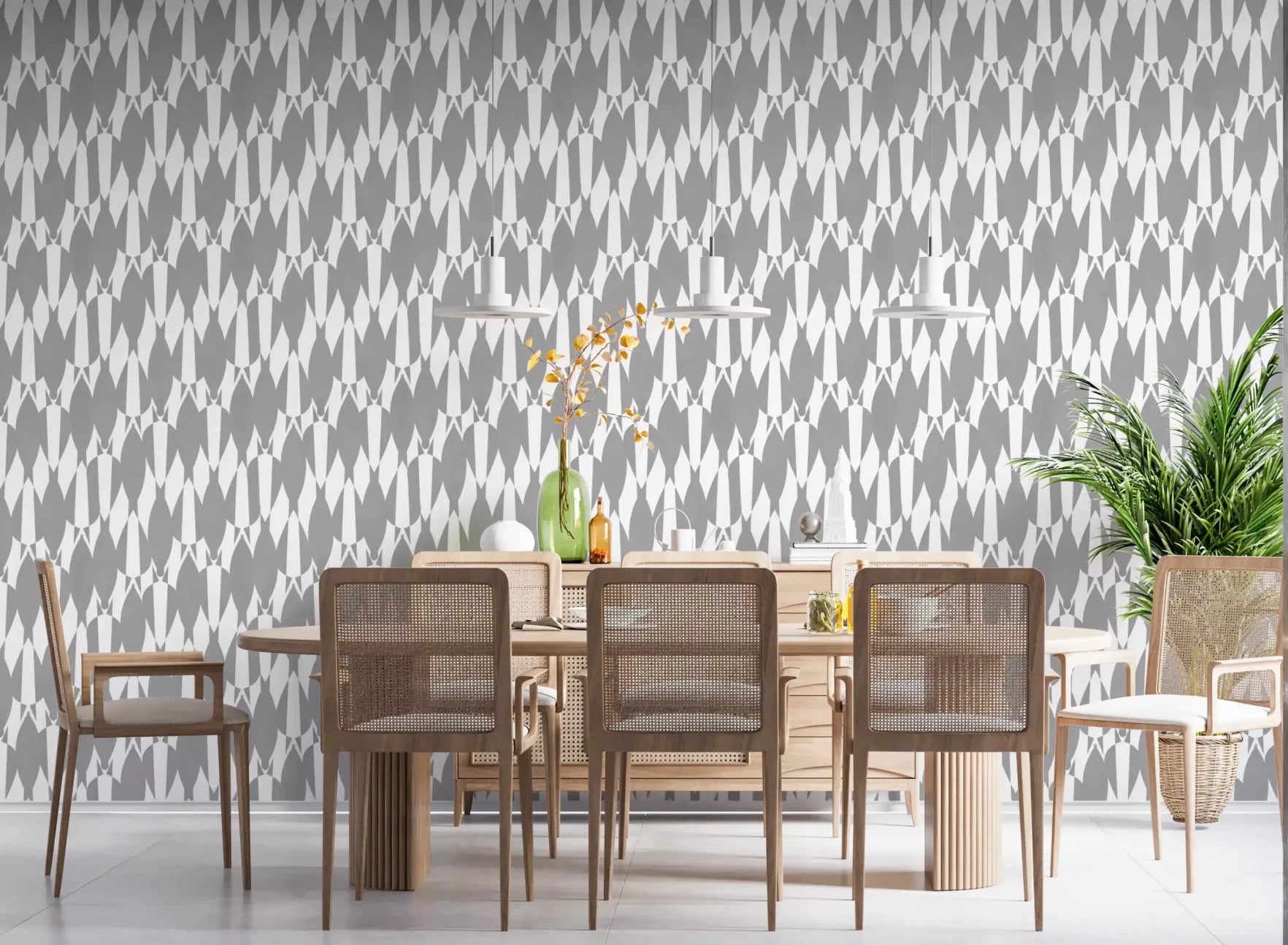 Geometric Flow Teardrop wallpaper anchors the dining room with grey and white rhythm.GD9526
