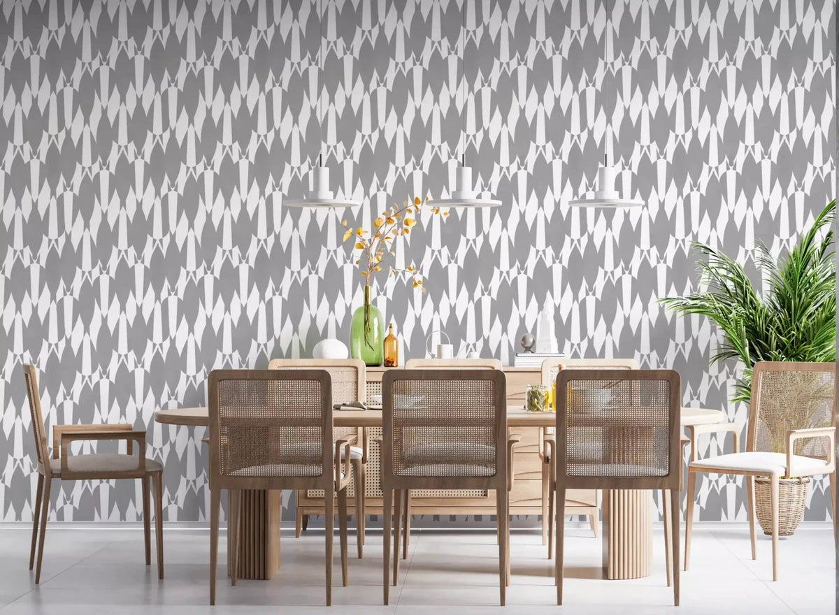 Geometric Flow Teardrop wallpaper anchors the dining room with grey and white rhythm.GD9526