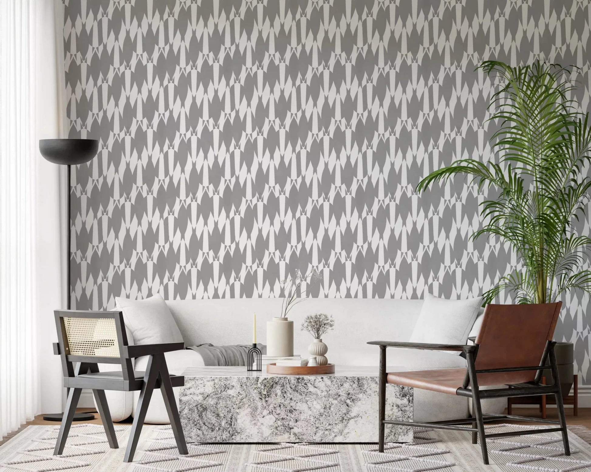 Living room take on a graphic edge through this Teardrop Geometry wallpaper repeat.⁠GD9526
