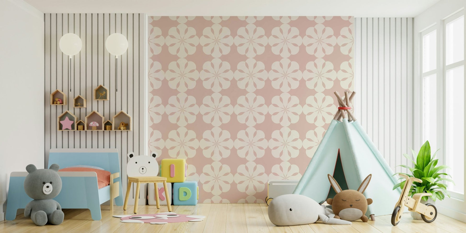 A contemporary office with a unique geometric art mural

