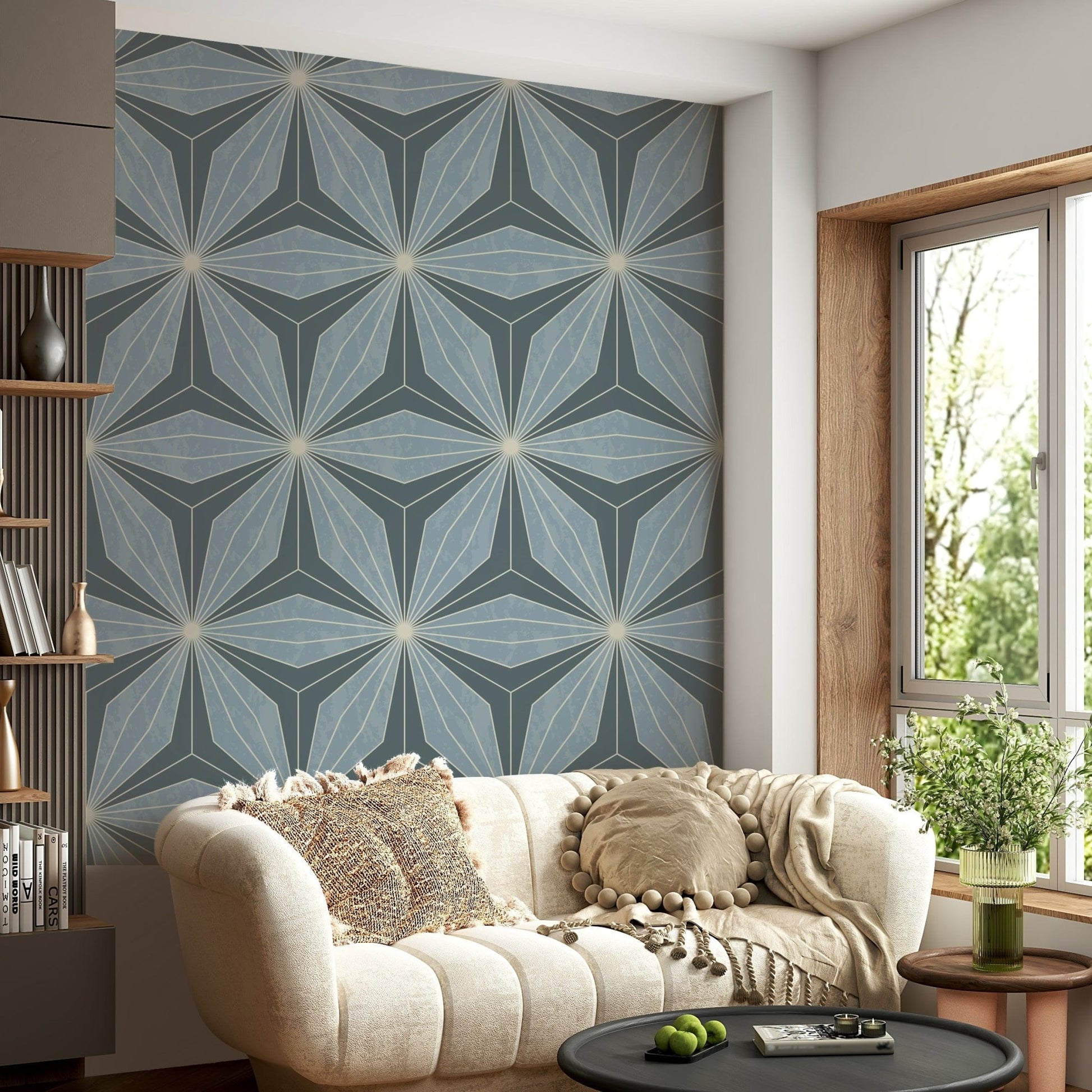 Cool tones Geometric Flowers Radiance luxury wall paper.
