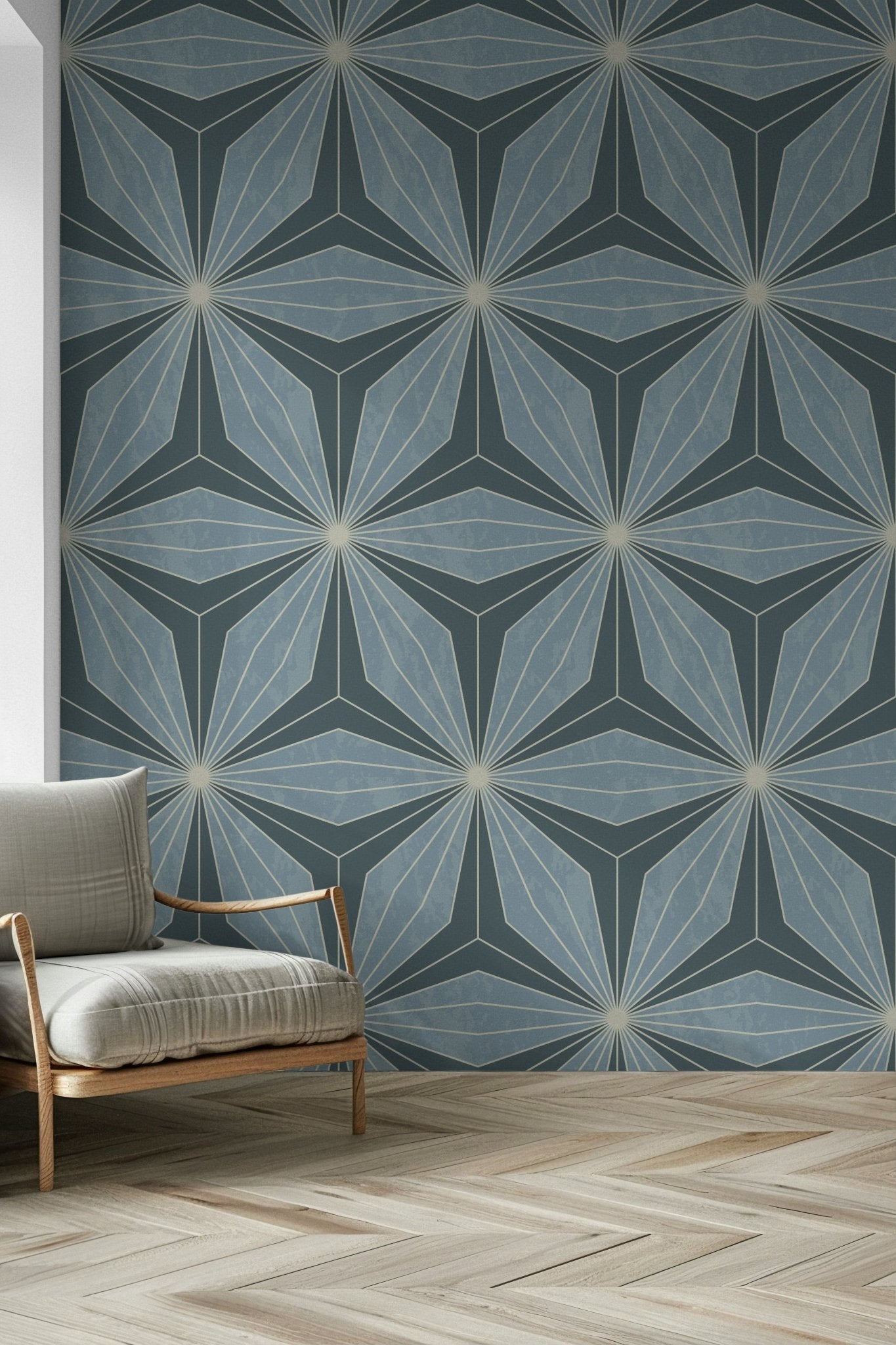 Cerulean petal motif Geometric Flowers Radiance feature wall.