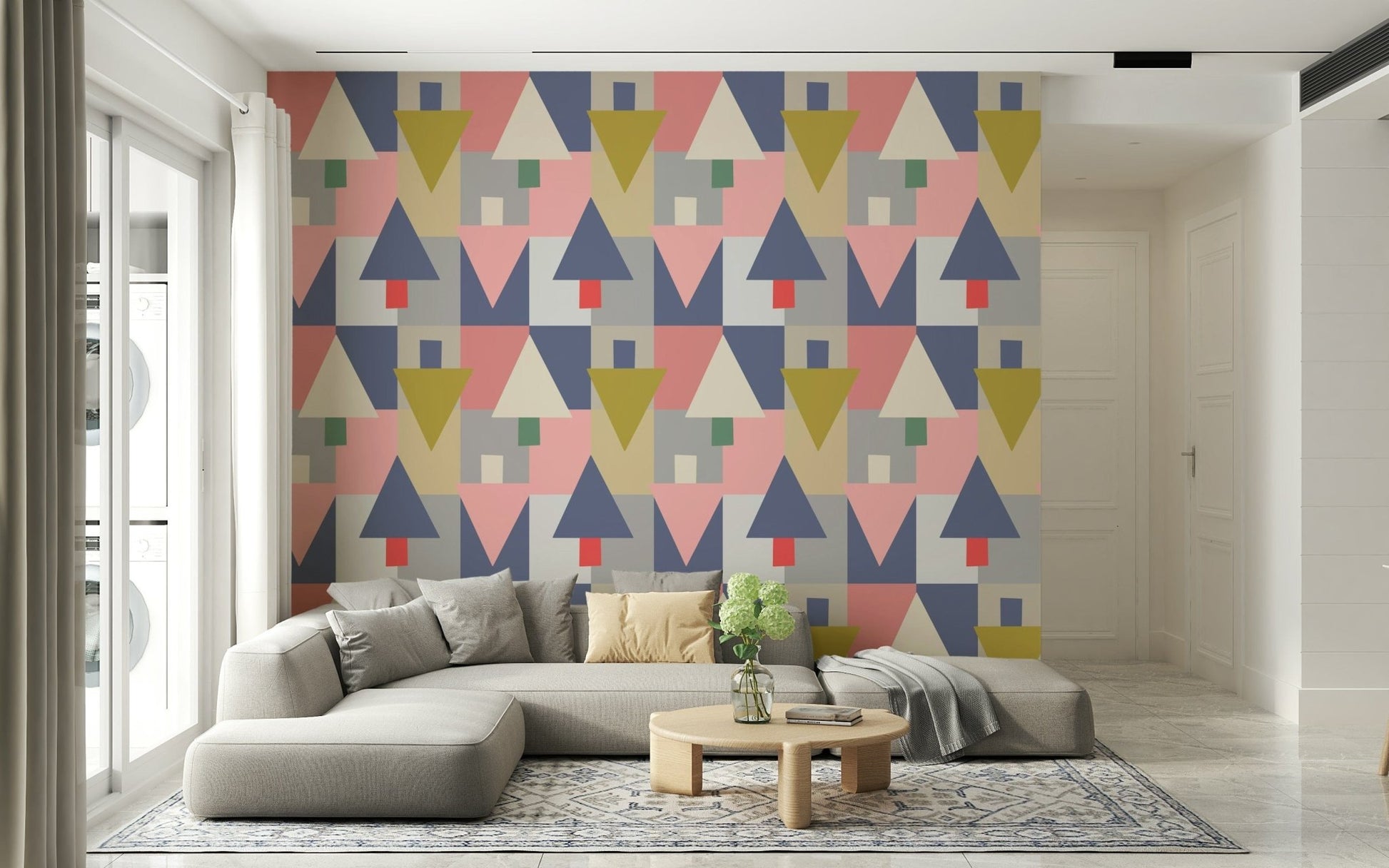 Minimalist Geometric Forest wall mural behind a grey sofa in a contemporary space., GD7853
