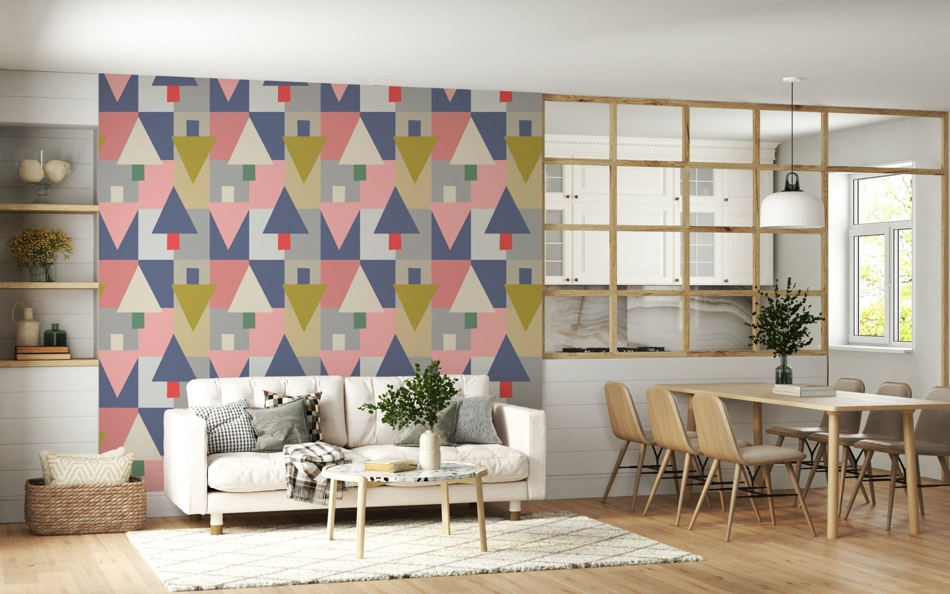 Neutral Harmony wallpaper in a dining area with natural light and plants., GD7853