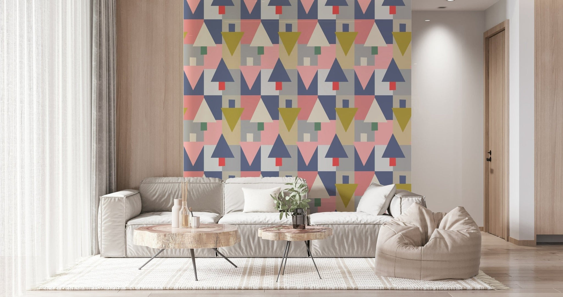 Abstract woodland wall mural featuring soft green tones in a master bedroom., GD7853