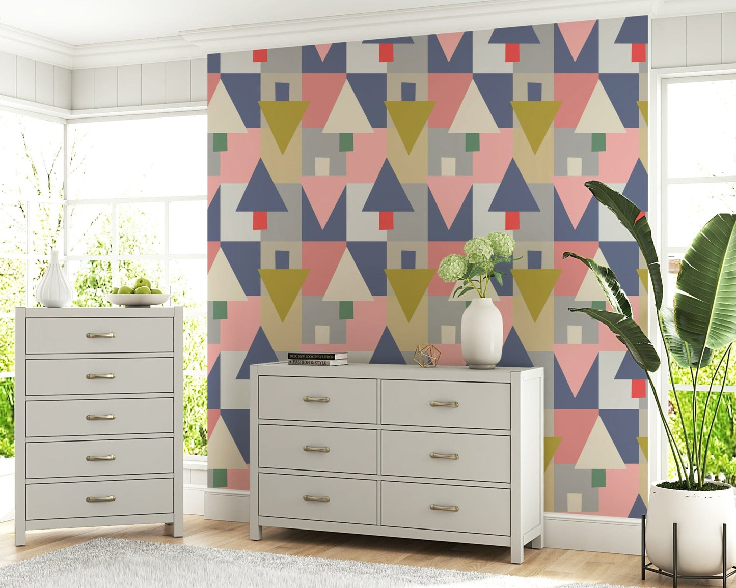 Geometric Forest wallpaper used as a backdrop for a mid-century modern lounge., GD7853