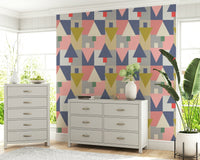 Geometric Forest wallpaper used as a backdrop for a mid-century modern lounge., GD7853