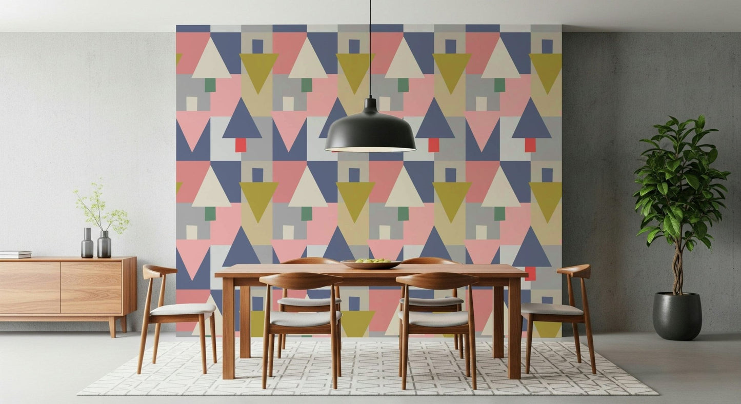 Harmony wall mural with pine tree silhouettes in a bright home office setup., GD7853
