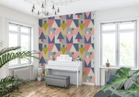 Geometric Forest Harmony wallpaper in a modern living room with oak furniture., GD7853
