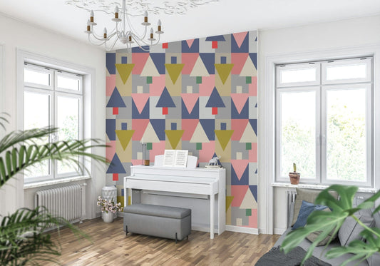 Geometric Forest Harmony wallpaper in a modern living room with oak furniture.