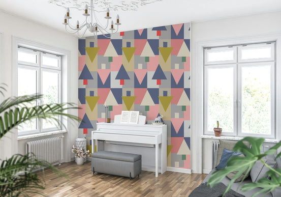 Geometric Forest Harmony wallpaper in a modern living room with oak furniture., GD7853