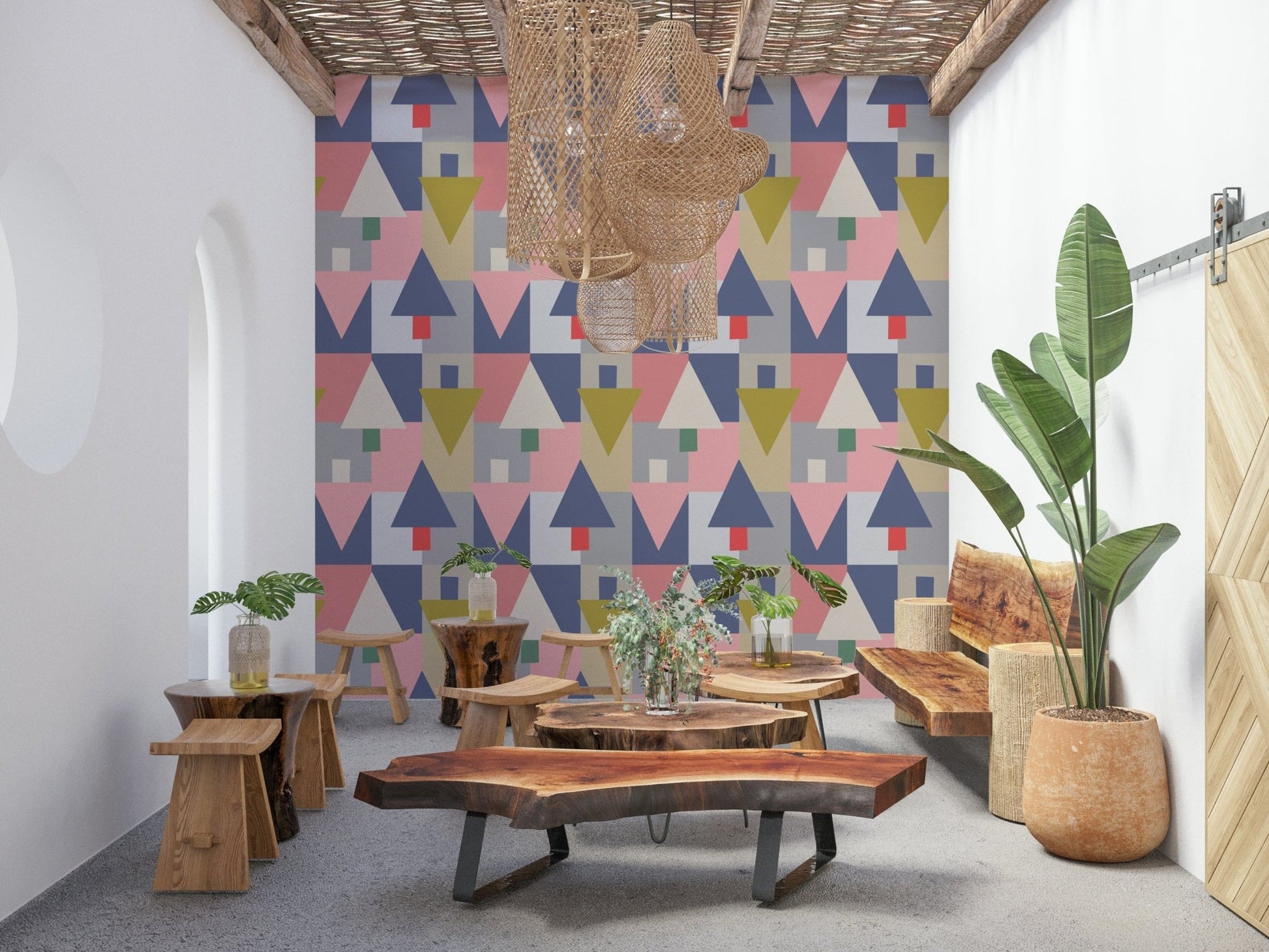Scandi style Geometric Forest wall mural in a nursery with light wood accents., GD7853