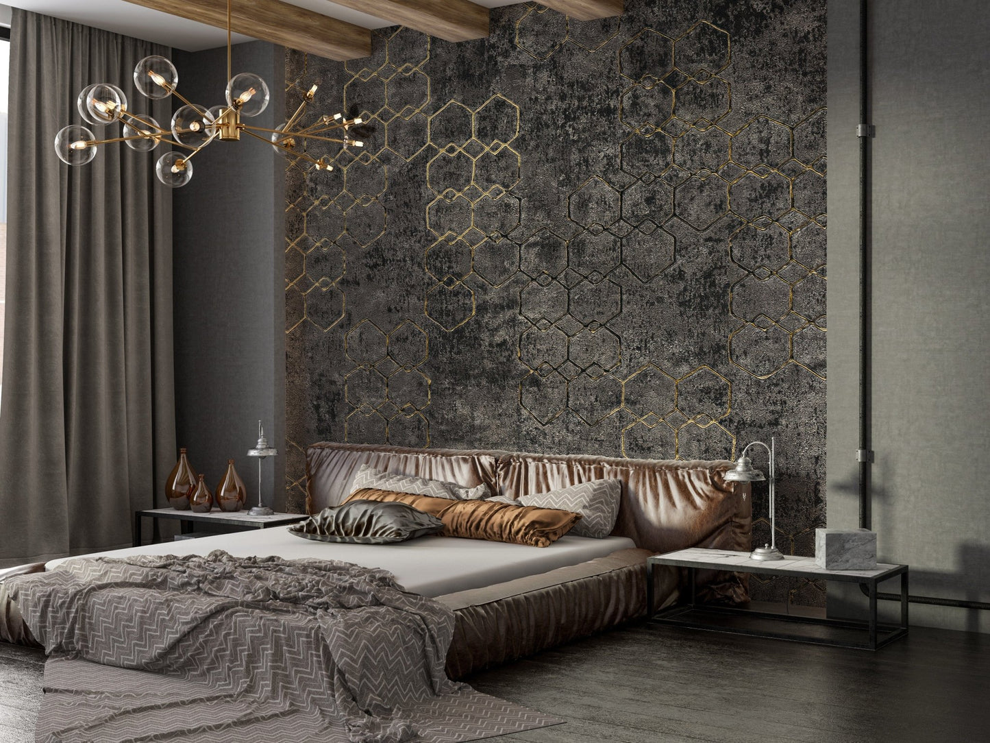 Textured concrete wallpaper with gold B923

