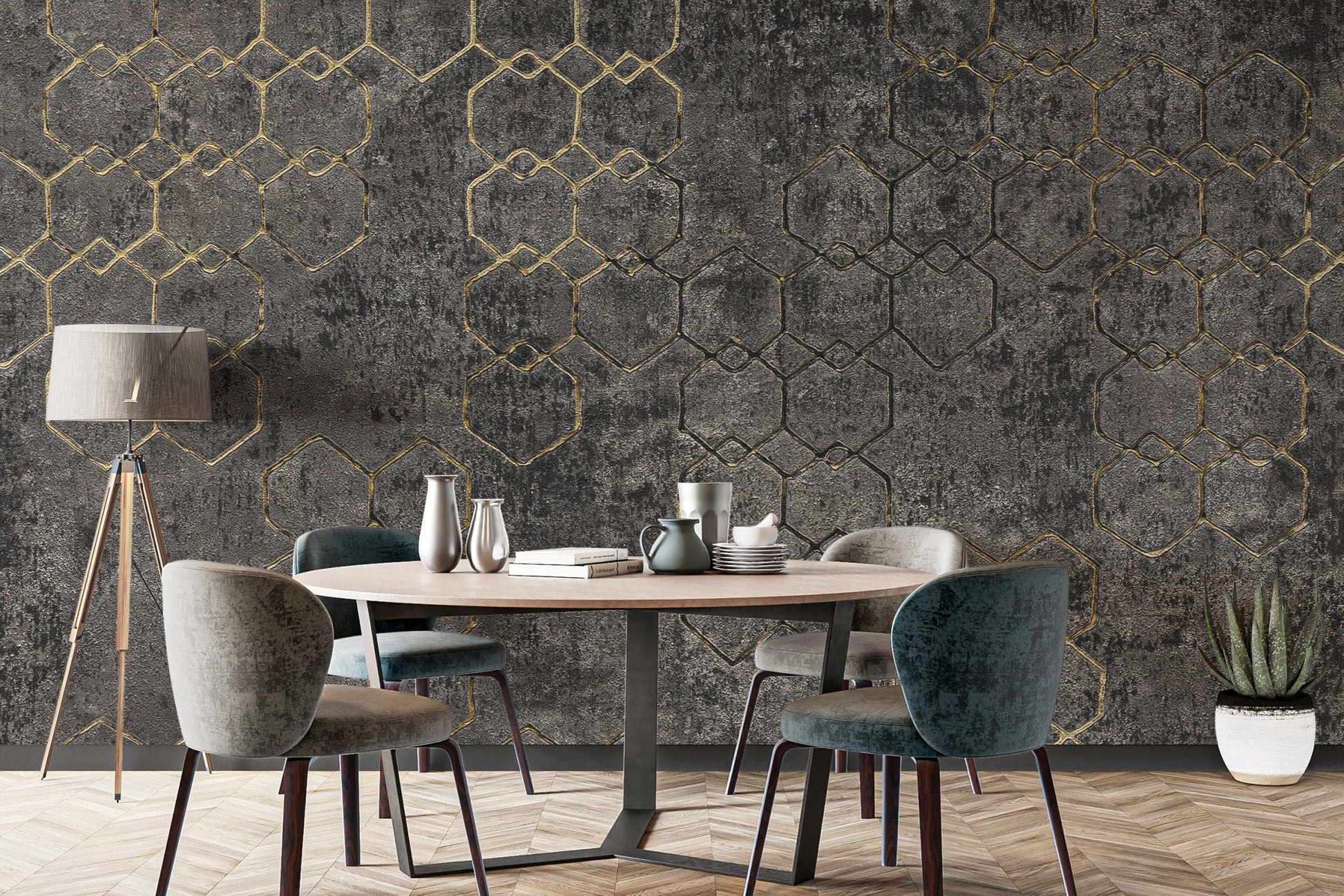 Gold hexagon design on concrete B923
