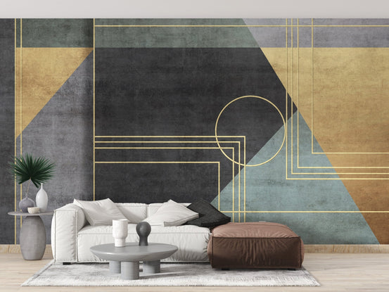 Abstract geometric wallpaper with gold and concrete texture A728