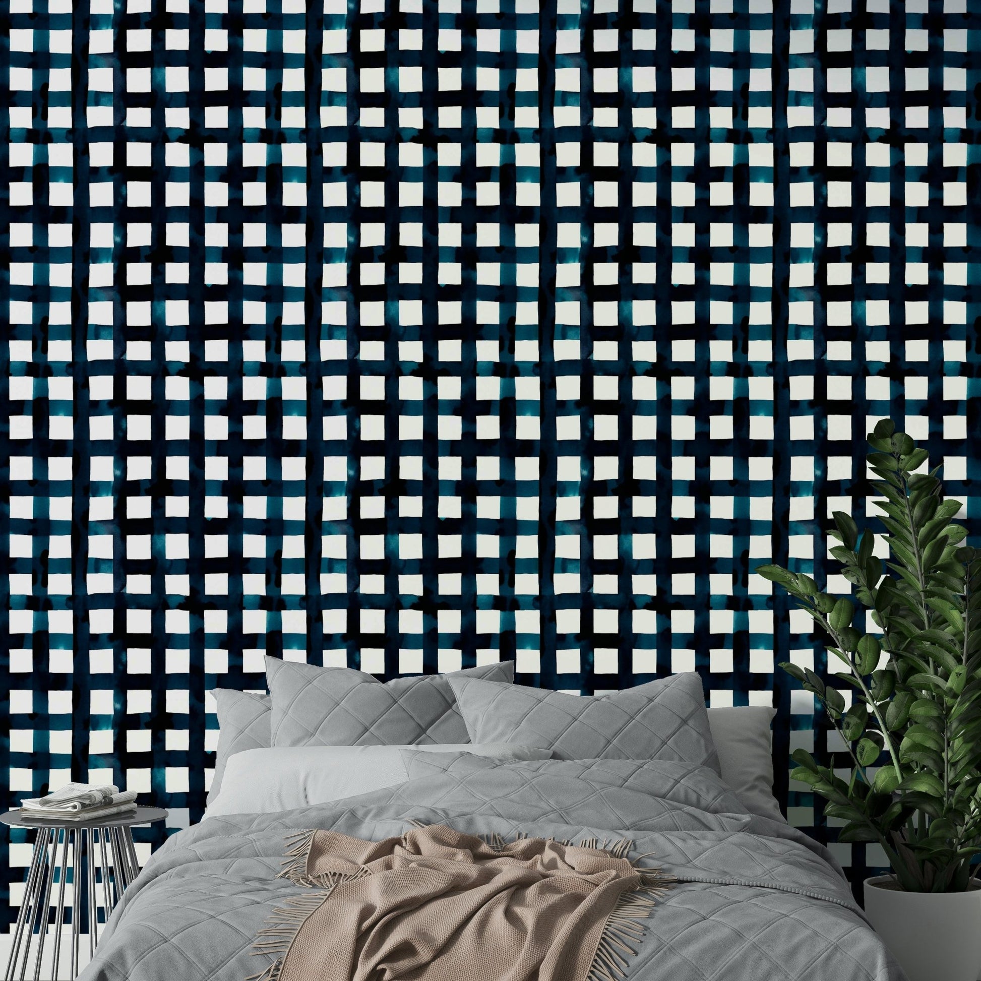 Hand-painted grid wallpaper

