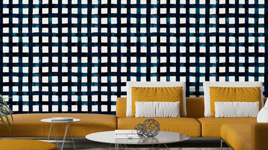 Navy grid wall mural, GD870