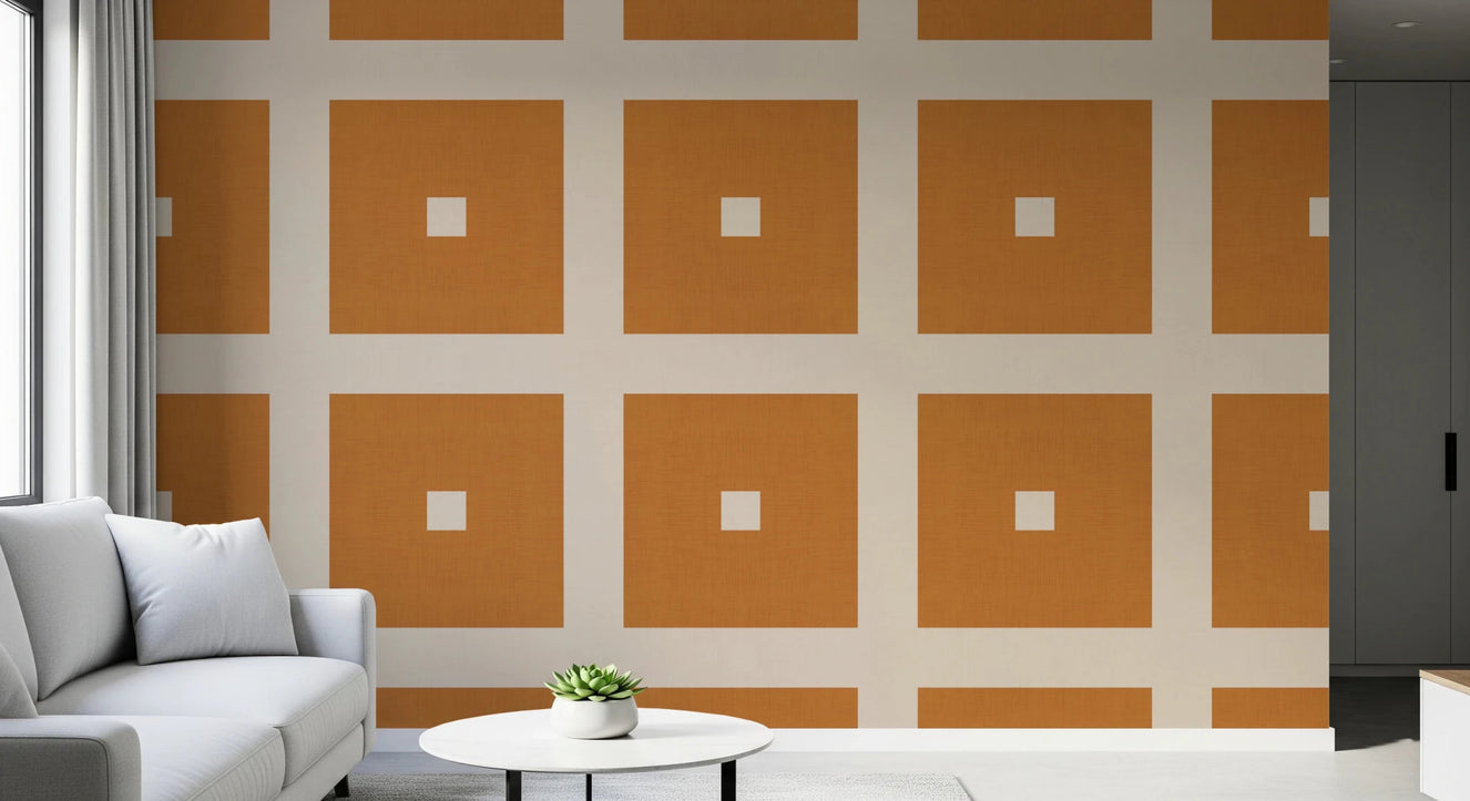 Geometric Grid Blocks wallpaper in a hallway with terracotta cream contrast