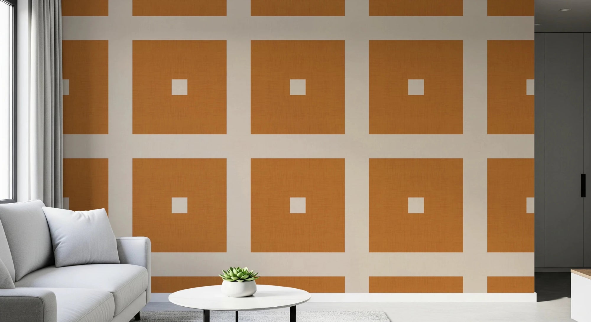 Geometric Grid Blocks wallpaper in a hallway with terracotta cream contrast, GD8707