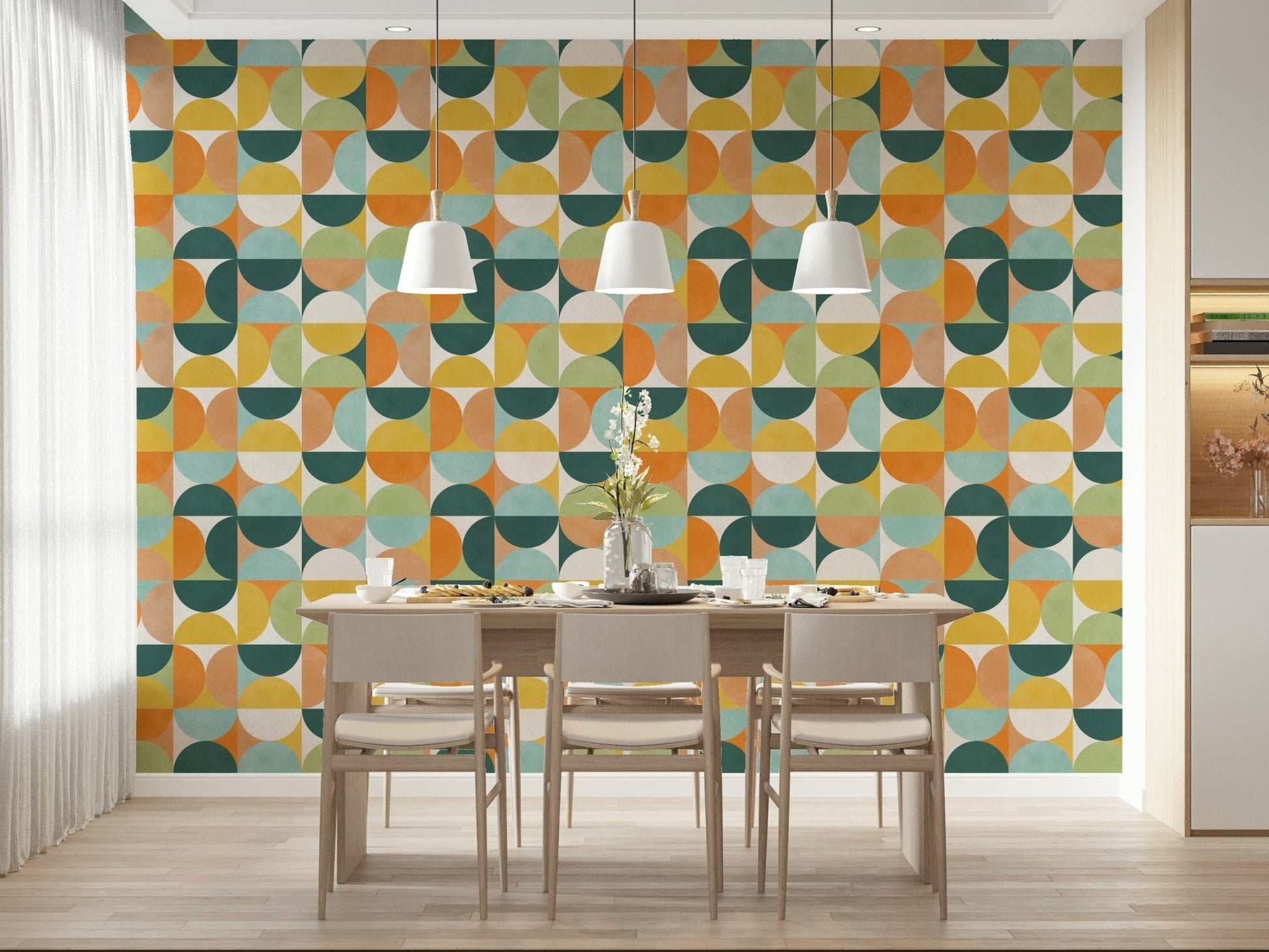 Abstract wallpaper for walls, vibrant mid-century modern design.