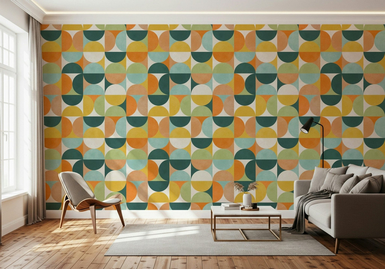Geometric Harmony 2 wall mural, colorful repeating semi-circle pattern.