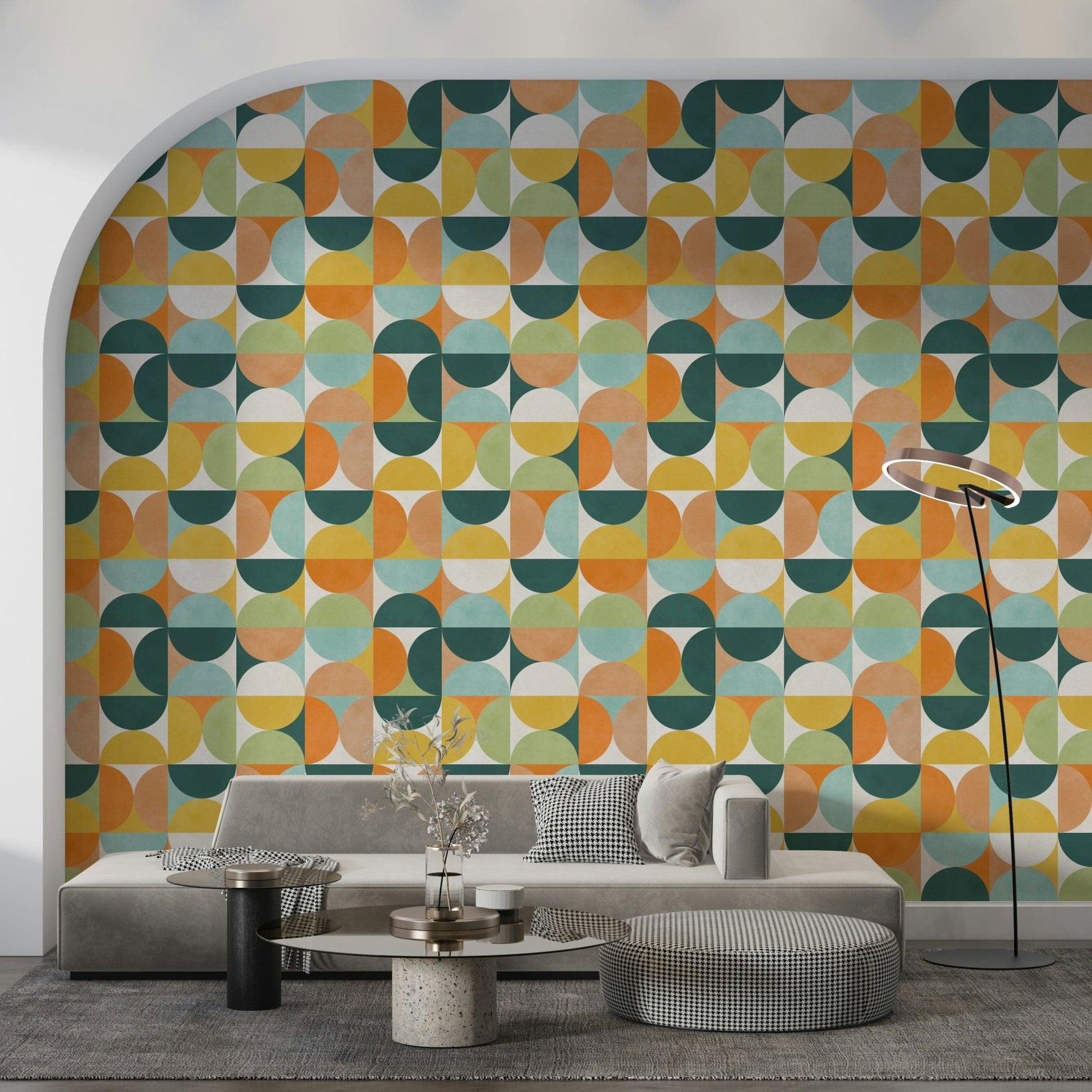 Modern wallpaper mural, Geometric Harmony 2, playful geometric art.
