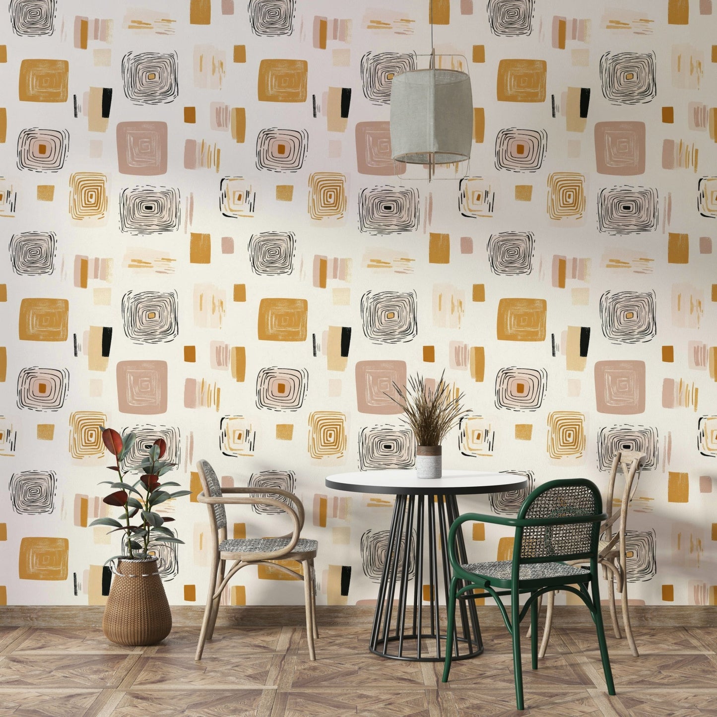 Contemporary geometric wallpaper with harmonic design.

