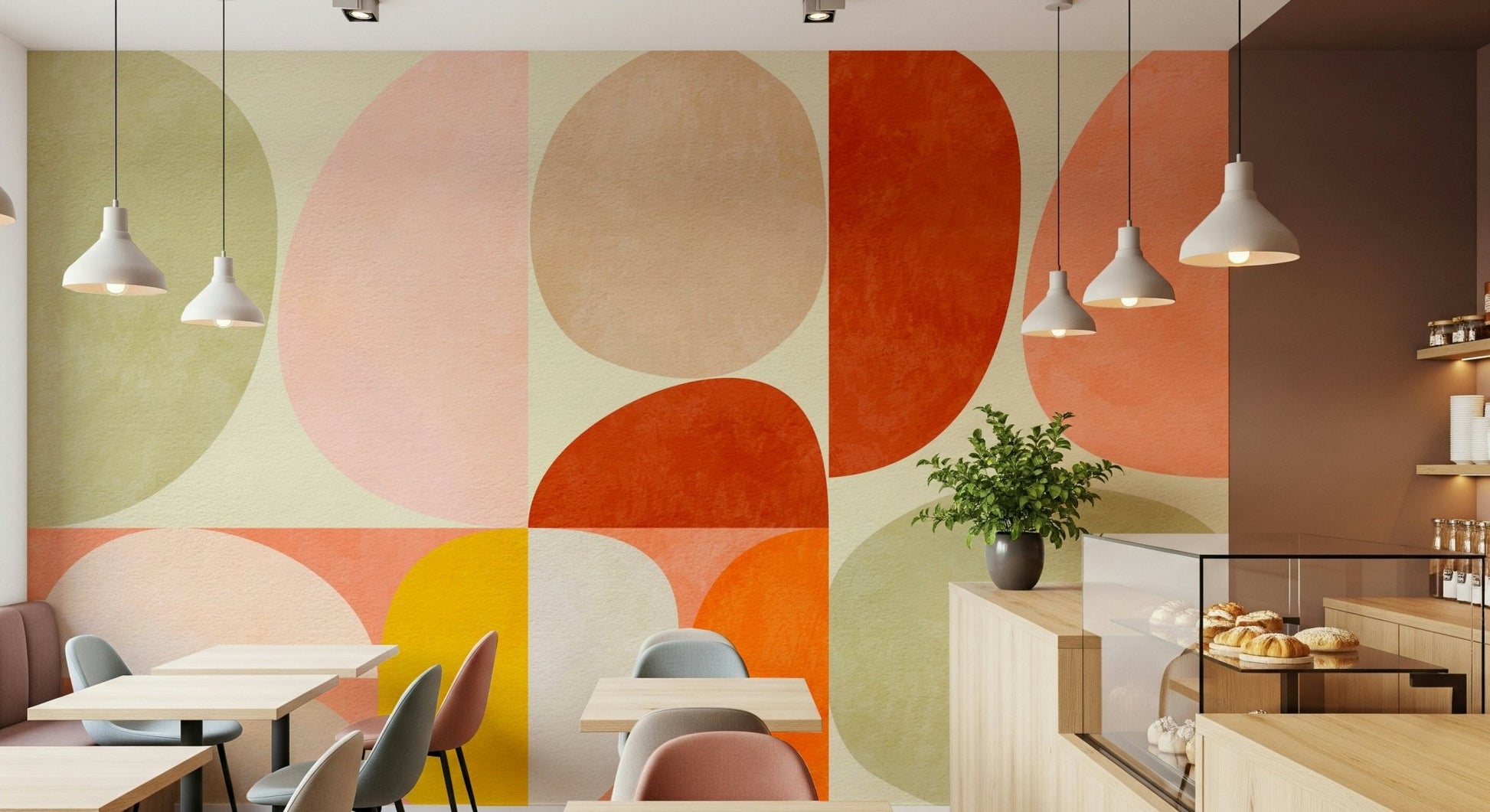 An artistic interlocking shape mural on minimalist wallpaper.

