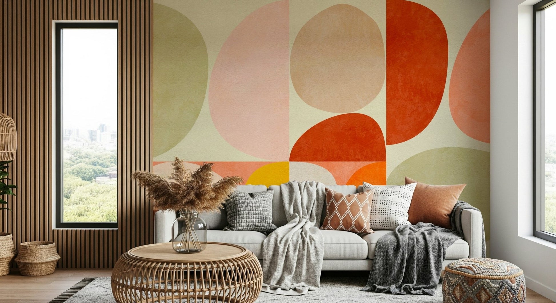 A peaceful modern abstract mural on decorative wallpaper.

