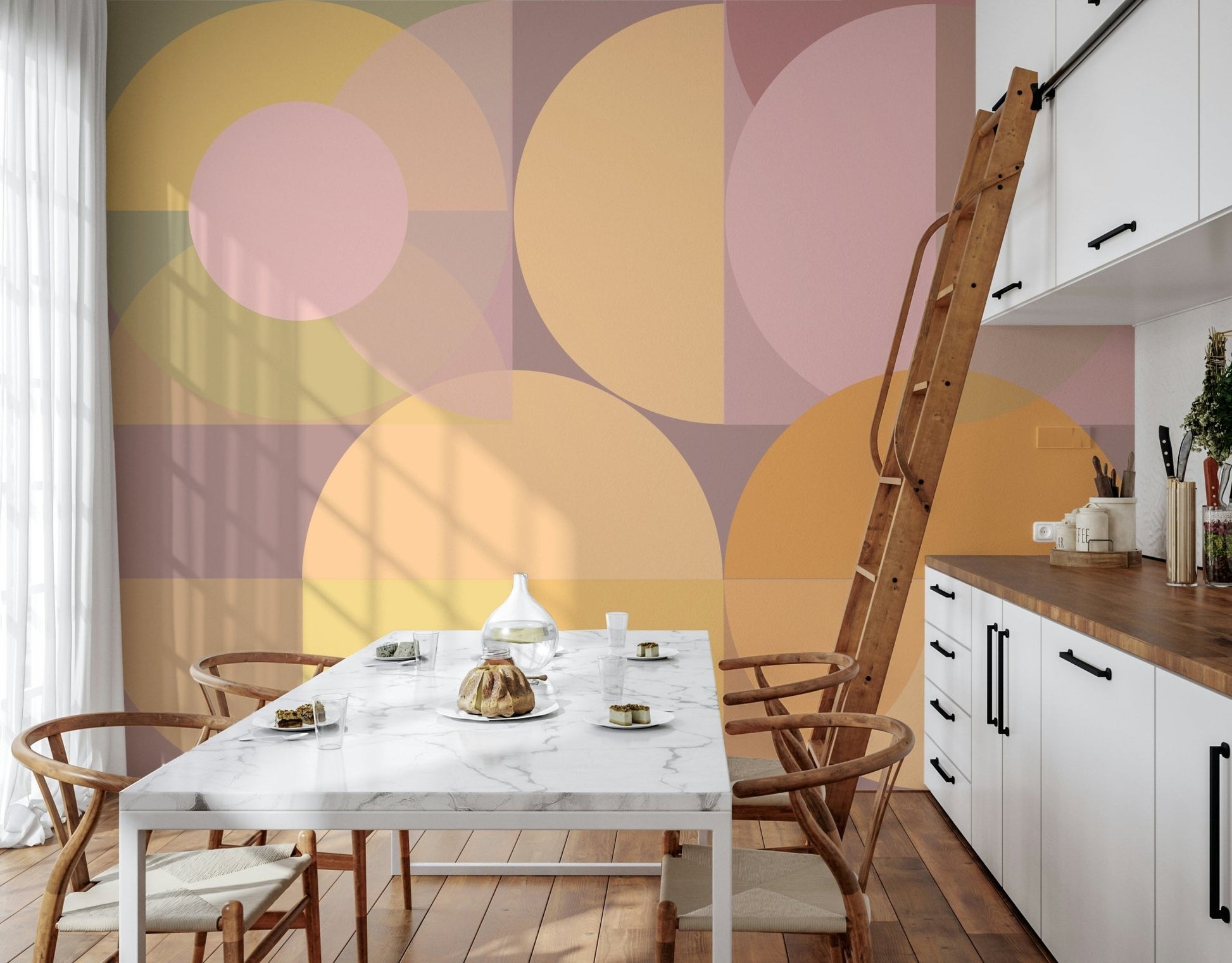 Full view of a modern living room with Geometric Pastel Harmony Wall Mural., GD6227