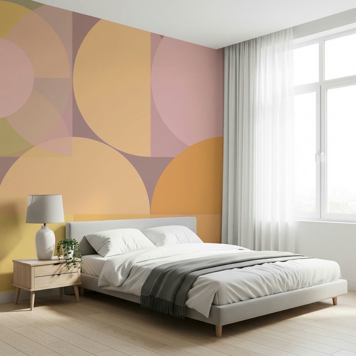 Geometric Pastel Harmony Wall Mural behind a minimalist desk setup., GD6227
