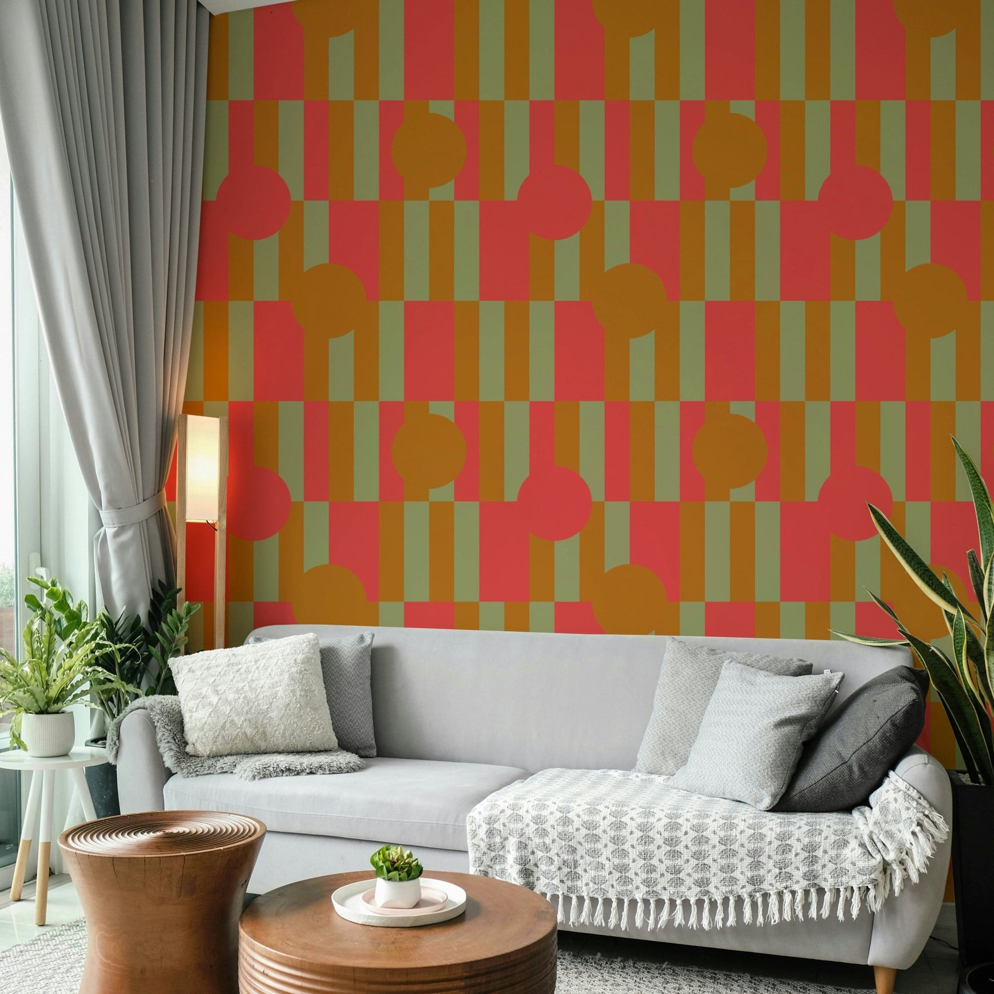 Geometric Patch Wallpaper with retro red olive stripes GD5031