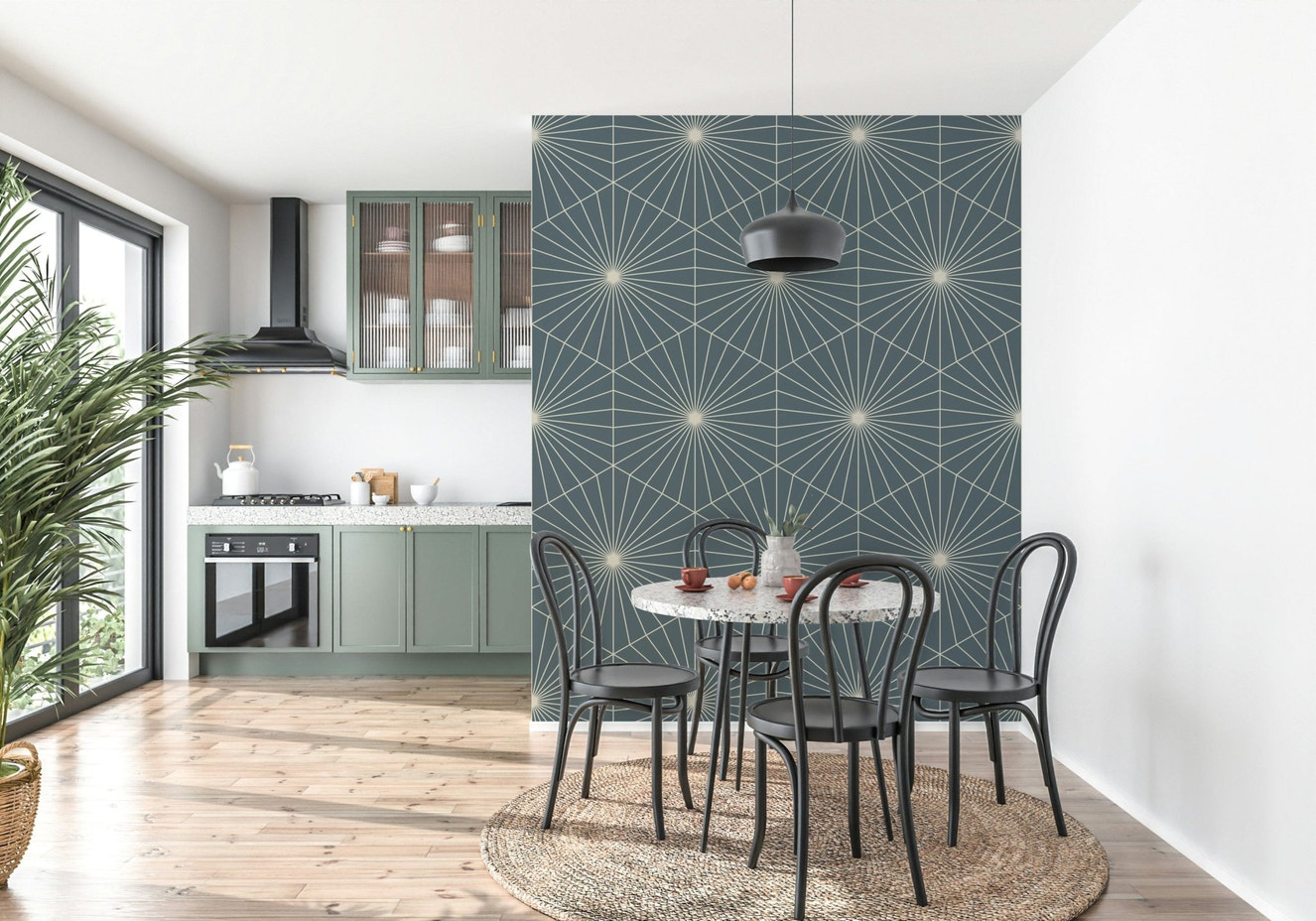 Geometric Radiance dark teal pattern wall mural accent piece.