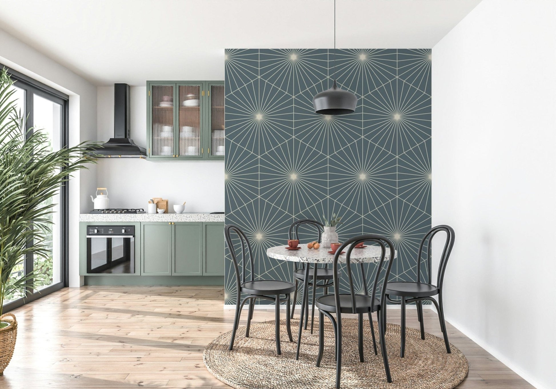 Geometric Radiance dark teal pattern wall mural accent piece.