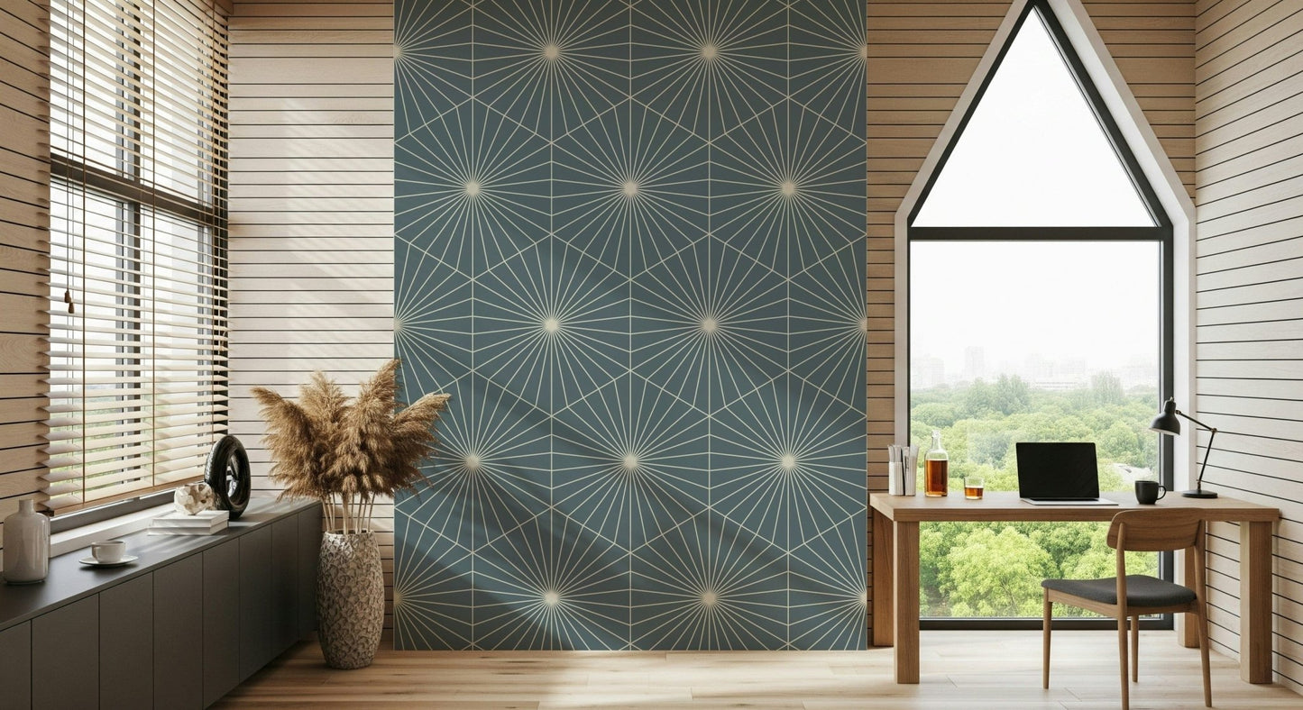 Deep blue starburst Geometric Radiance wall mural décor.