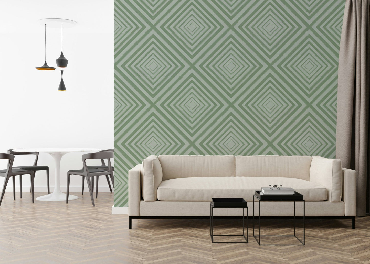 Geometric Sage subtle focal wall mural, peaceful background element.