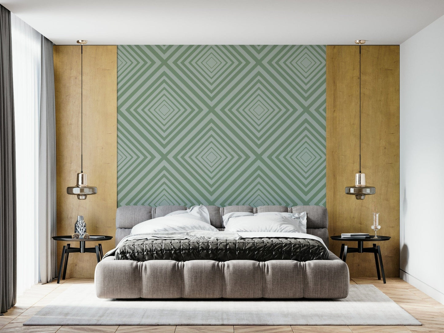 Geometric Sage striking wall mural, precise mathematical patterning.