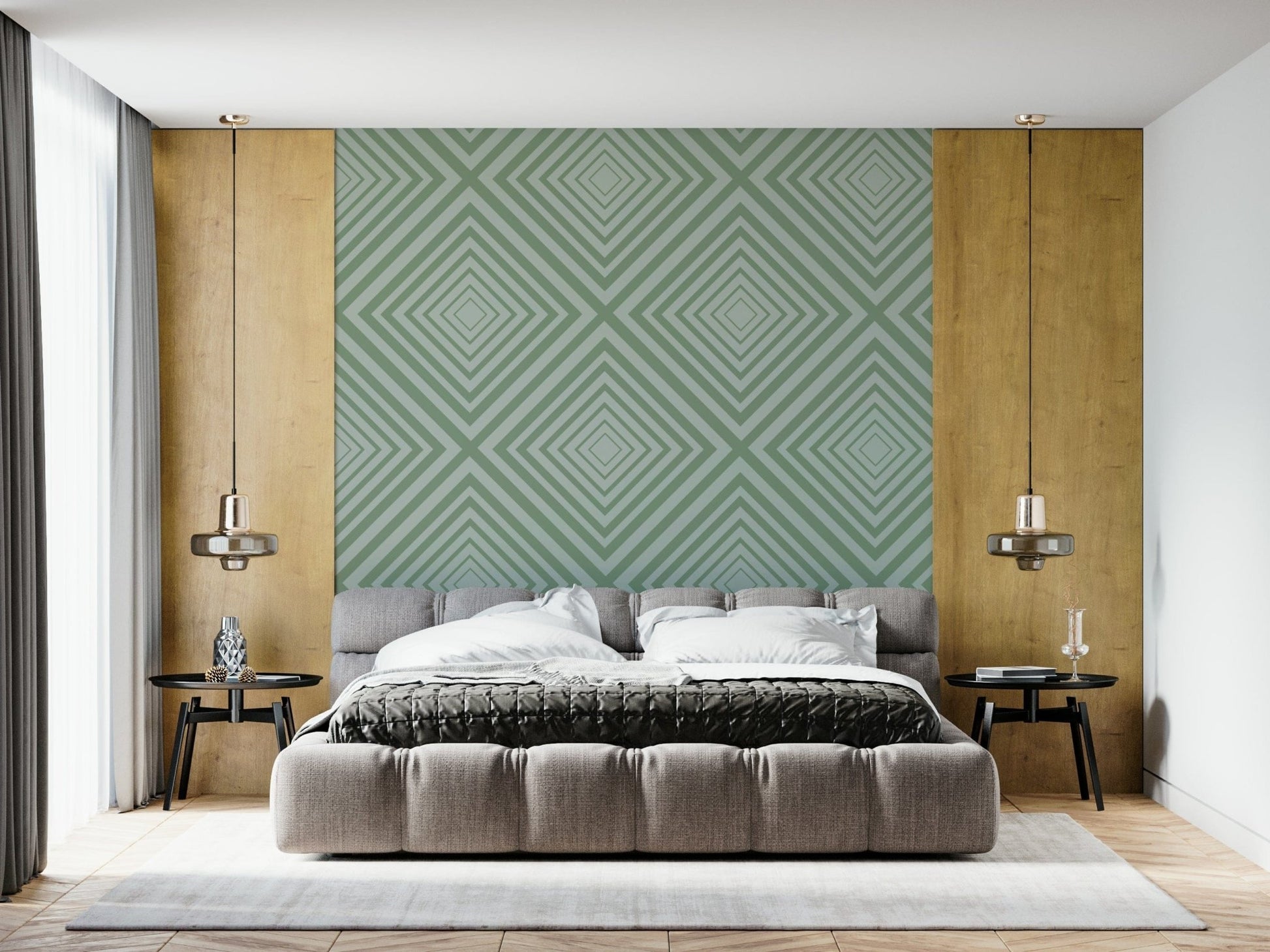 Geometric Sage striking wall mural, precise mathematical patterning.