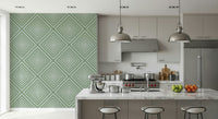 Geometric Sage graphic interior mural, architectural striped effect.