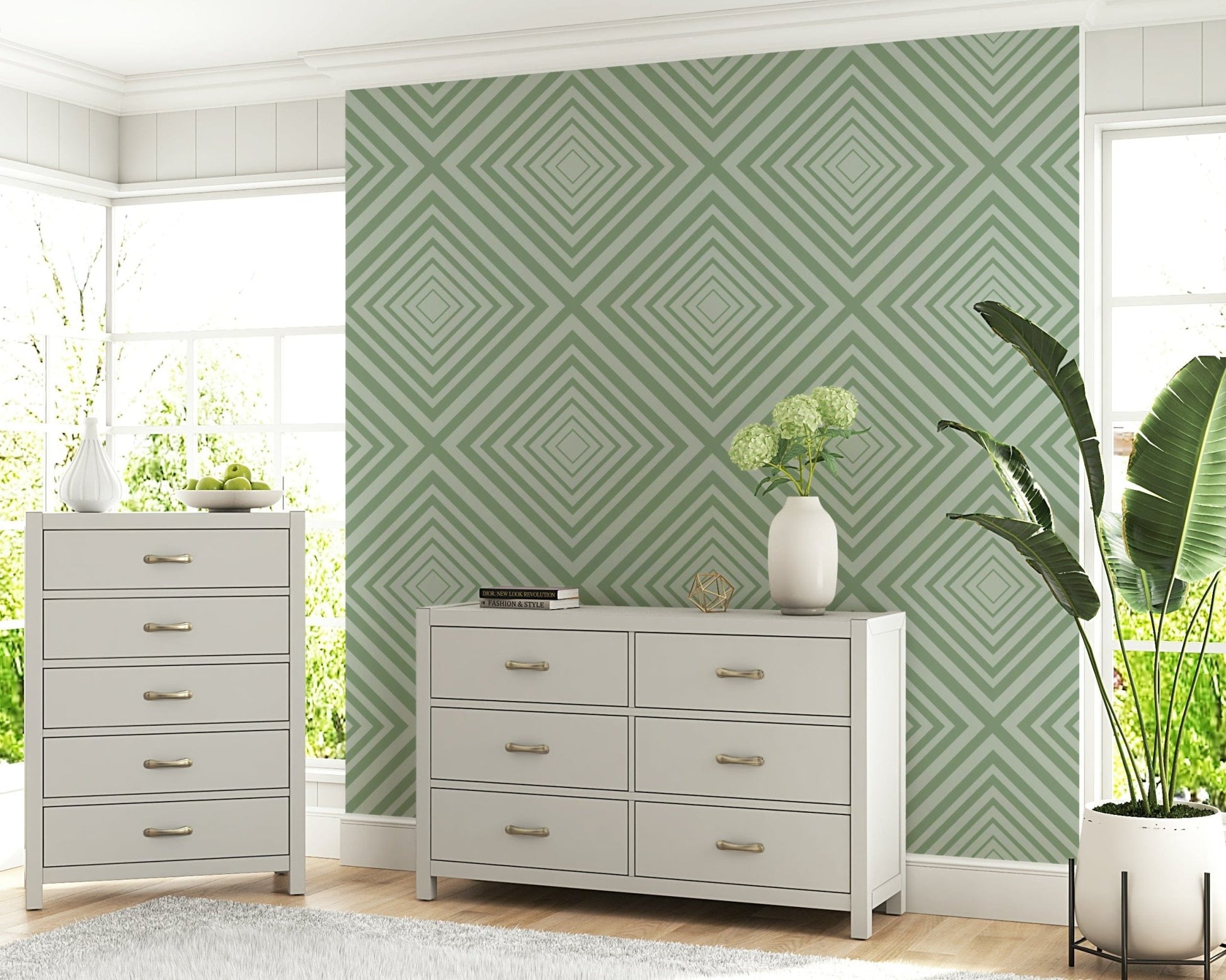 Refined Sage sophisticated pattern wallpaper with alternating widths.