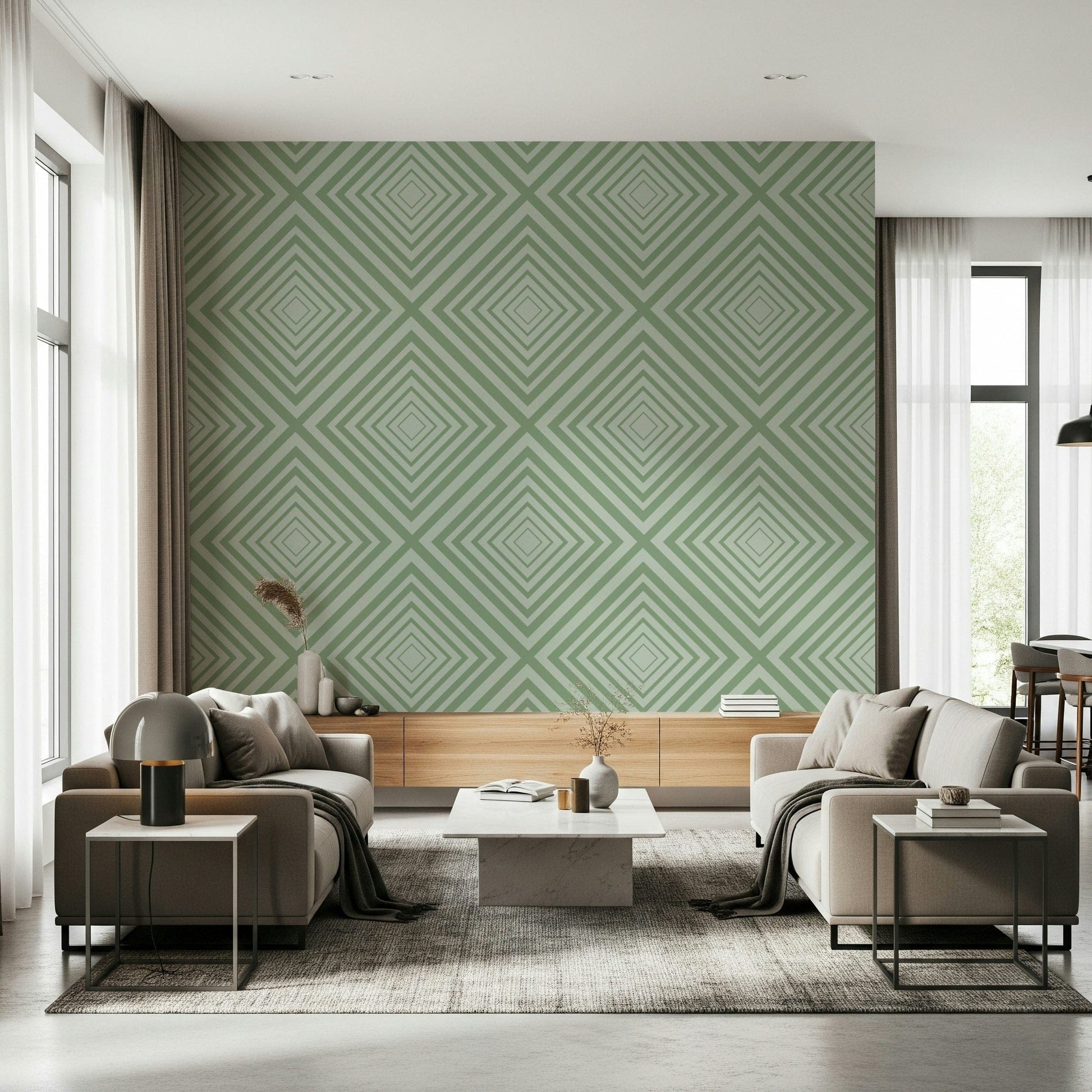 Geometric Sage visual accent mural, dynamic abstract lines.