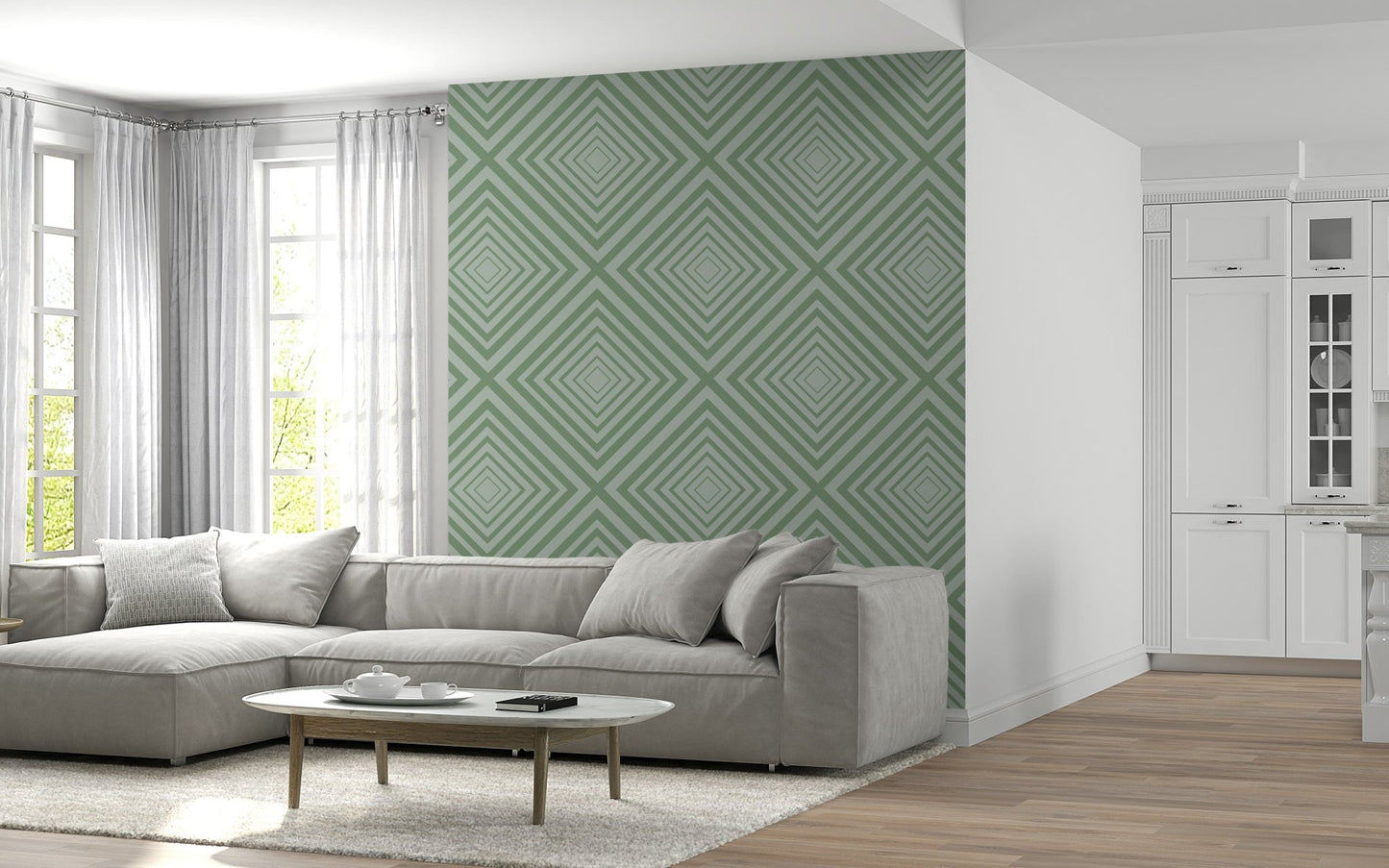 Geometric Sage repeating interior mural, serene natural hue.