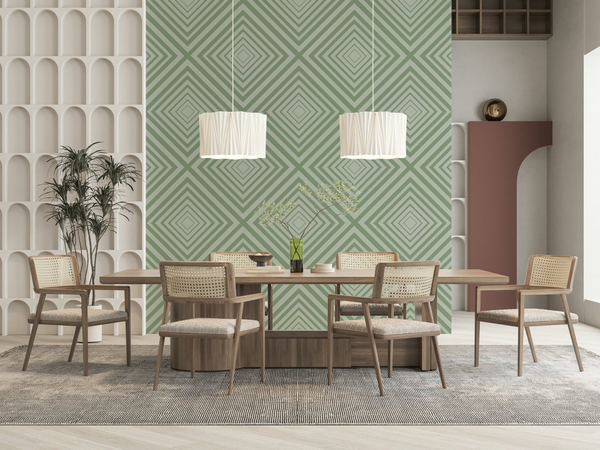 Architectural Sage sophisticated wallpaper, strong directional movement.