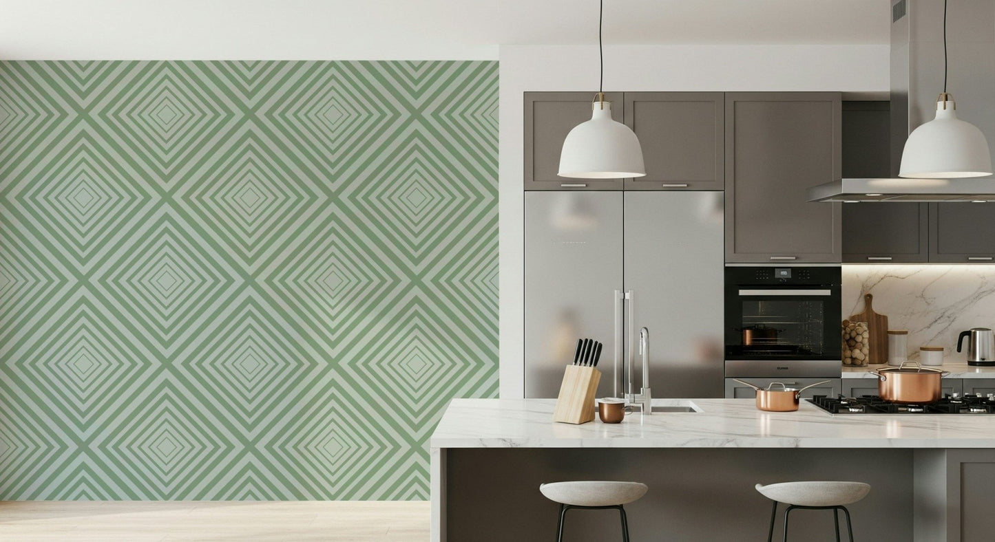 Soft Sage diagonal chevron wallpaper for contemporary homes.