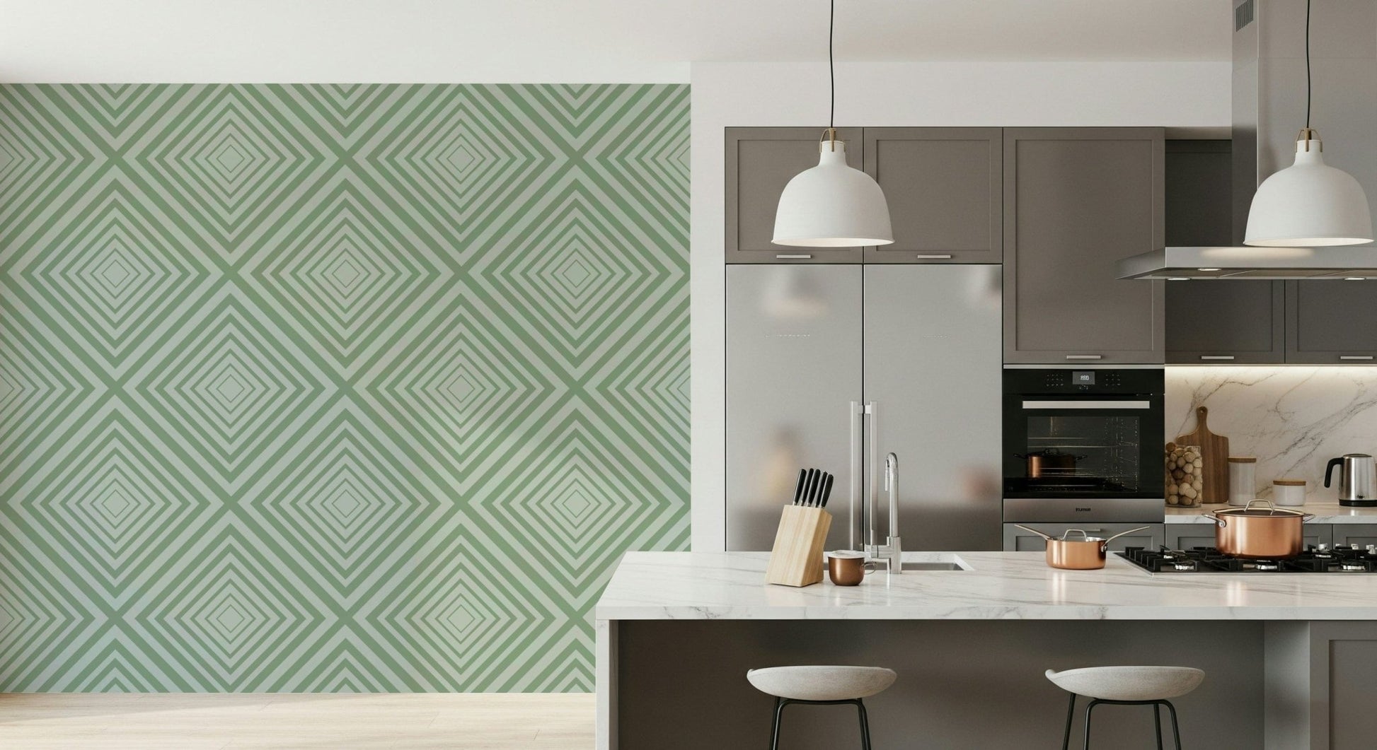 Soft Sage diagonal chevron wallpaper for contemporary homes.