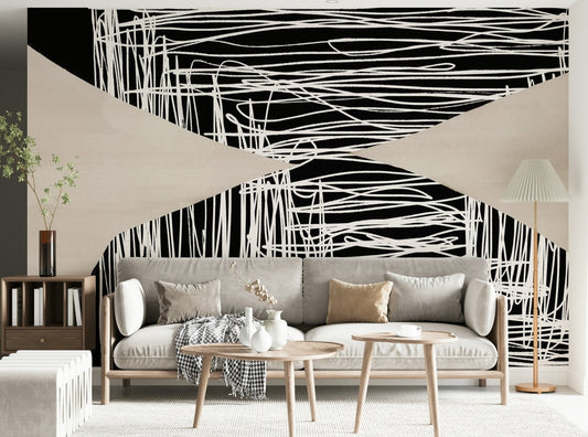 Black and beige abstract wall mural creating contrast in a living room, GD5492